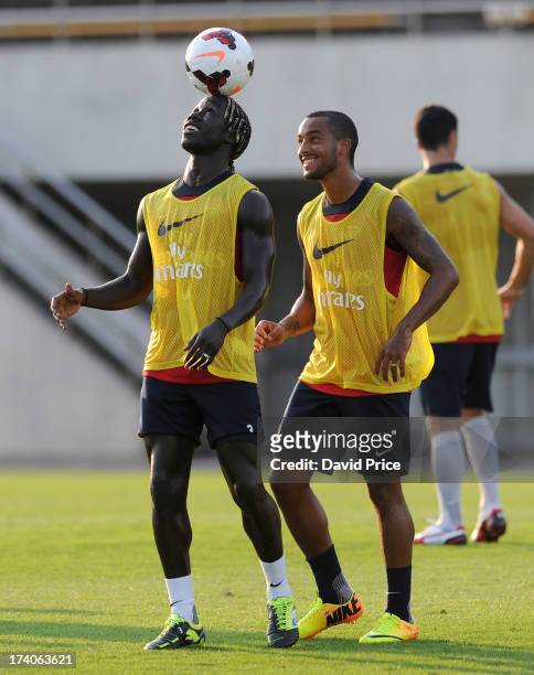 Bacary Sagna and Theo Walcott of Arsenal FC during a training session in Japan for the club's pre-season Asian tour at the Mizuho Park Rugby Stadium...