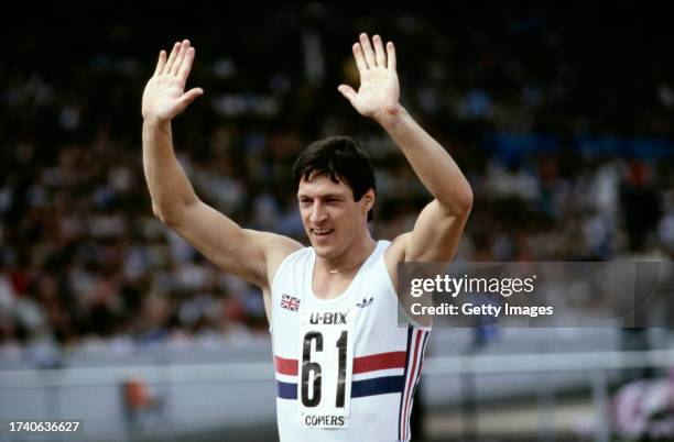 Alan Wells of Great Britain celebrates after winning the men's 200m at the European Cup Athletics meeting, at Crystal Palace on August 20th in...