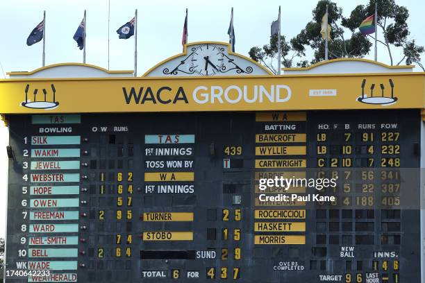 The scoreboard is pictured at stumps on Day 3 of the Sheffield Shield match between Western Australia and Tasmania at the WACA, on October 17 in...