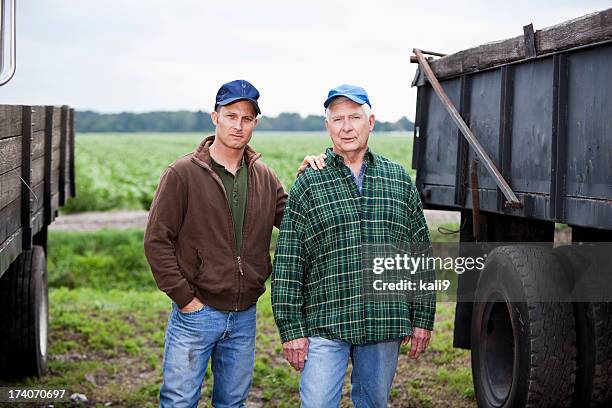 men working on a potato farm, with trucks - father son business bildbanksfoton och bilder