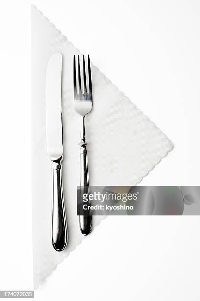 isolated shot of place setting on white background - napkin stock pictures, royalty-free photos & images