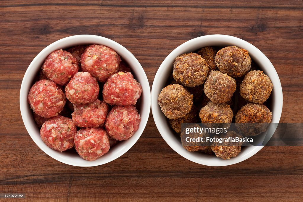 Raw and fried meatballs