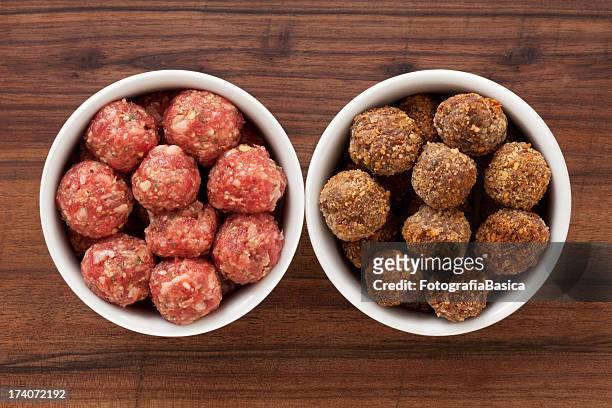 raw and fried meatballs - meatballs stock pictures, royalty-free photos & images