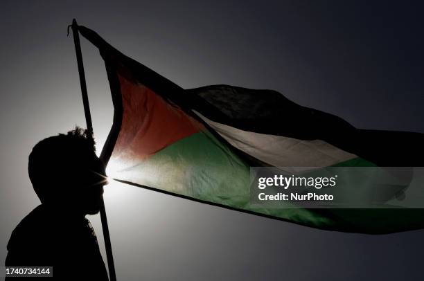 Member of the Palestinian community in Mexico, holds a flag while demonstrating at the Monument to the Revolution in Mexico City against the bombings...