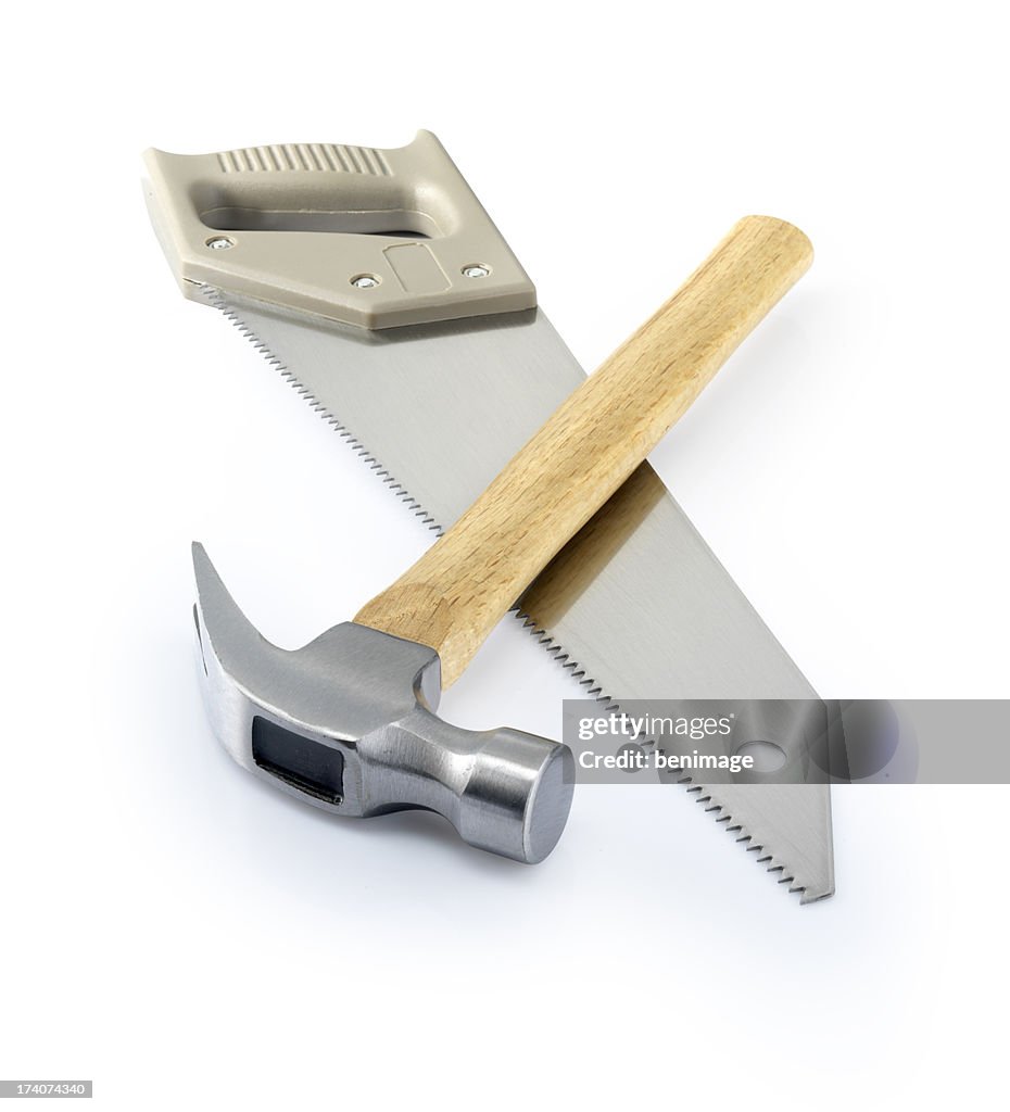 Crossed claw hammer and hand-saw