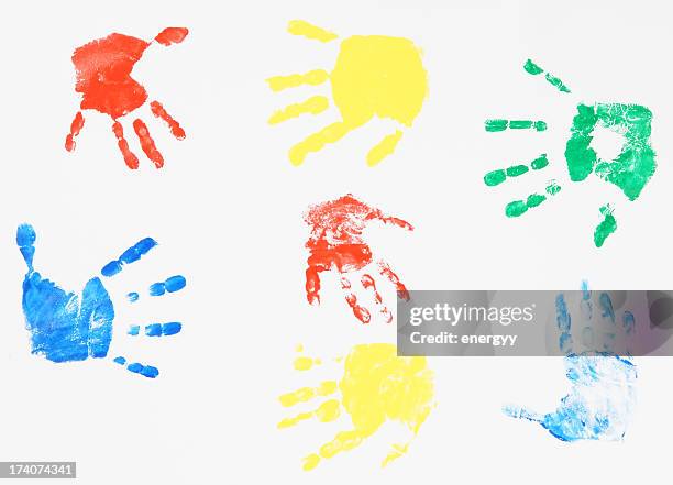 child's color hand prints - children drawing white background bildbanksfoton och bilder