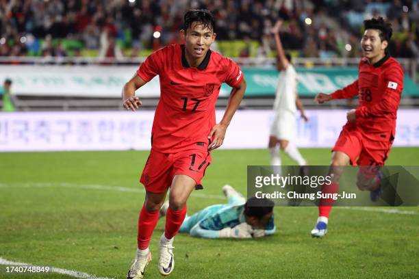 Jeong Woo-yeong of South Korea celebrates after scoring his team's sixth goal during the international friendly match between South Korea and Vietnam...