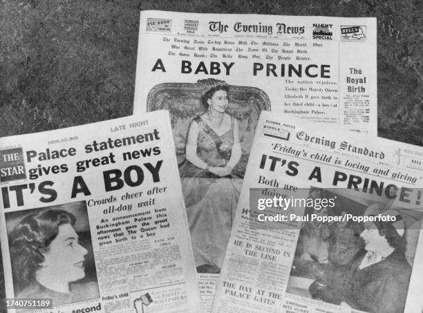 The front pages of the three main London newspapers reporting the birth of Prince Andrew, all three newspapers are illustrated with an image of...