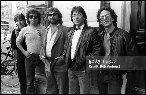 Group portrait of American rock band Toto, Amsterdam, Netherlands, 27th September 1982. L-R Mike Porcaro, Steve Lukather, David Paich, Jeff Porcaro...