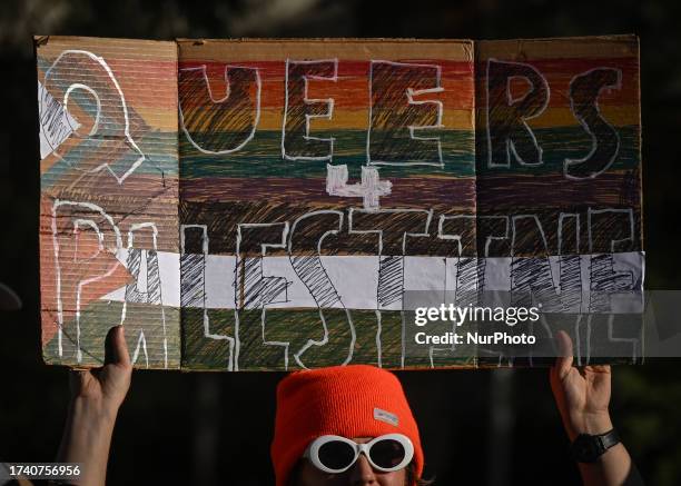 Pro-Palestinian supporter holds a placard with words 'Queers 4 Palestine' during a 'Gaza Awareness' peaceful march at the University of Alberta, on...