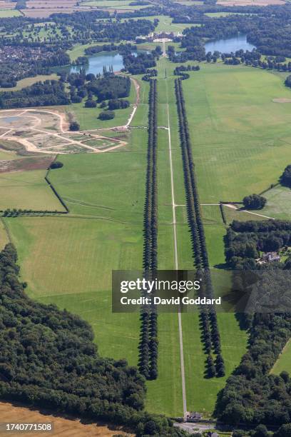 In an aerial view, Wychwood Way leads to the Blenheim Palace, a UNESCO World Heritage Site on August 23, 2023. In Oxford, United Kingdom.