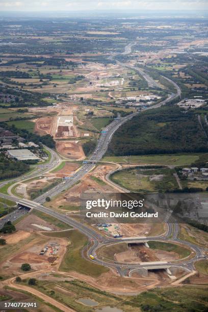 In an aerial view, the HS2 building site, the high-speed rail project from London the Birmingham Phase 1 Section, located near Banbury and 20 miles...