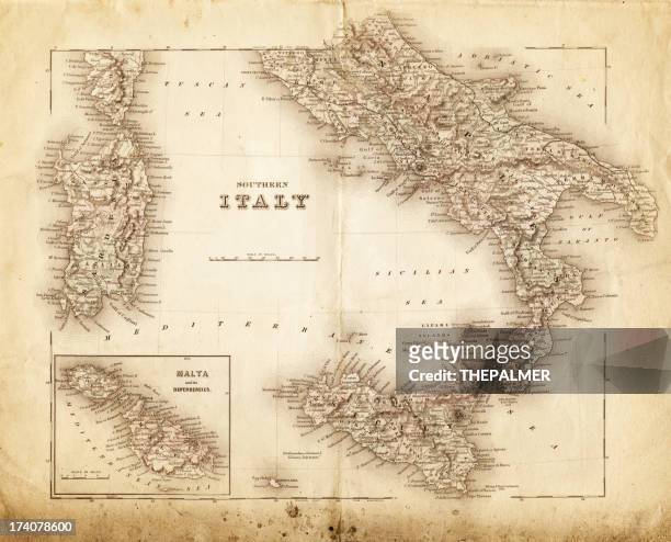 map of italy 1855 - malta sicily stock illustrations