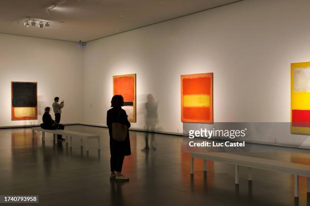 Visitors look at paintings during the Press Preview of the Exhibition Rothko at the Louis Vuitton Foundation in Paris on October 17, 2023 in Paris,...