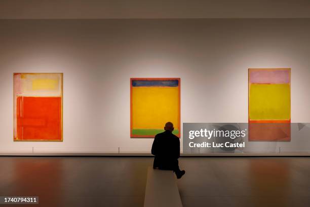 Visitors look at paintings during the Press Preview of the Exhibition Rothko at the Louis Vuitton Foundation in Paris on October 17, 2023 in Paris,...