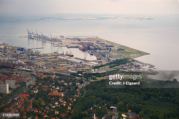 aerial view of harbor area in a city - shipyard aerial stock pictures, royalty-free photos & images