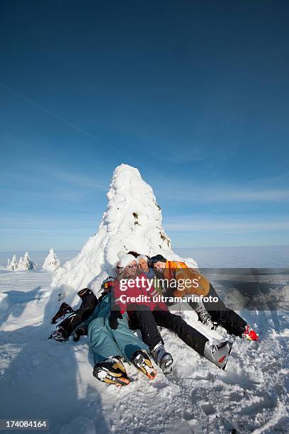 happy skiers having fun - happy skier stockfoto's en -beelden