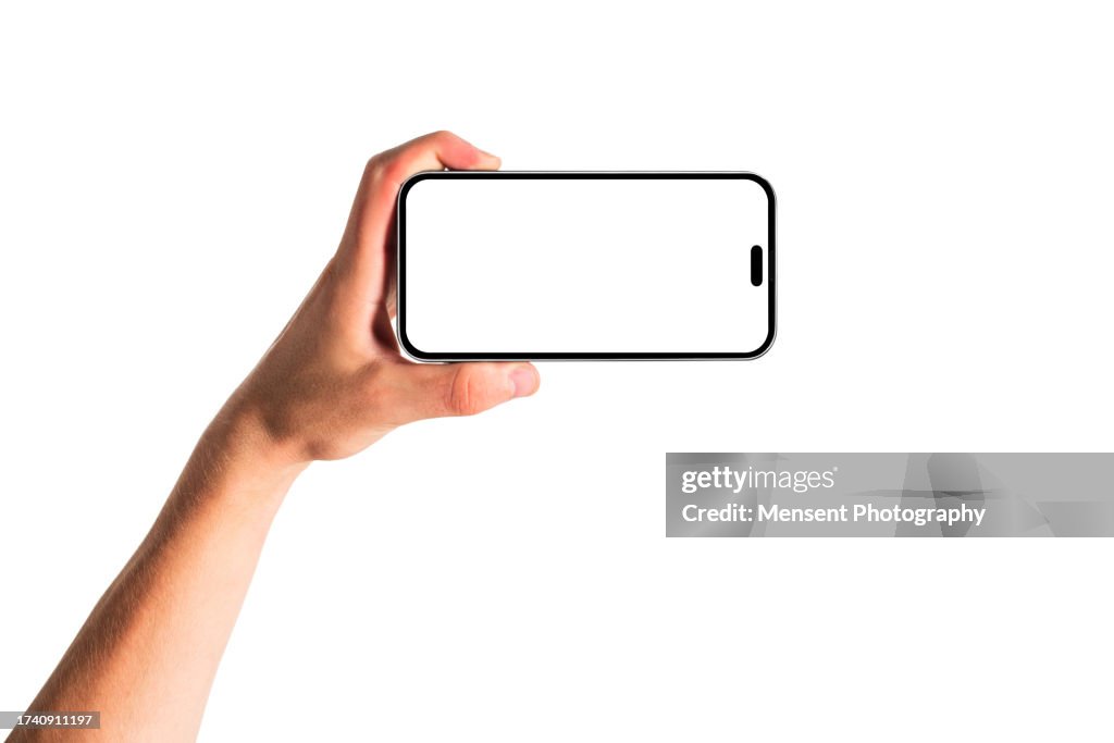 Man hand holding modern mobile phone iphone mockup with white screen on white background