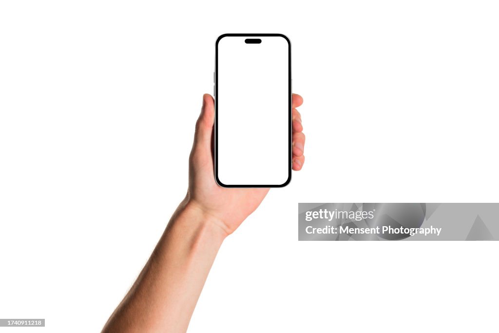 Man hand holding modern blank smartphone mockup with white screen on white background