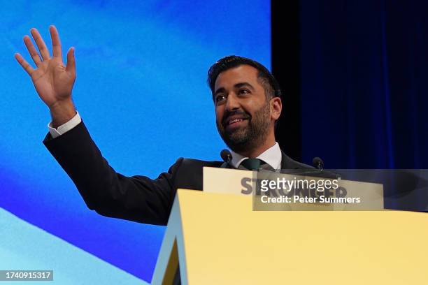 Leader of the SNP, Humza Yousaf gives a speech on day three of the SNP conference at The Event Complex Aberdeen on October 17, 2023 in Aberdeen,...