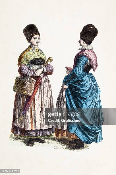ilustraciones, imágenes clip art, dibujos animados e iconos de stock de de baviera starnberg mujeres en vestido tradicional 1870 - starnberg
