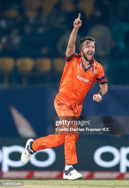 Paul van Meekeren of Netherlands celebrates the wicket of Aiden Markram of South Africa during the ICC Men's Cricket World Cup India 2023 between...