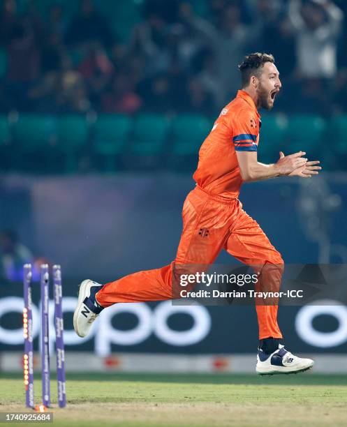 Paul van Meekeren of Netherlands celebrates the wicket of Aiden Markram of South Africa during the ICC Men's Cricket World Cup India 2023 between...