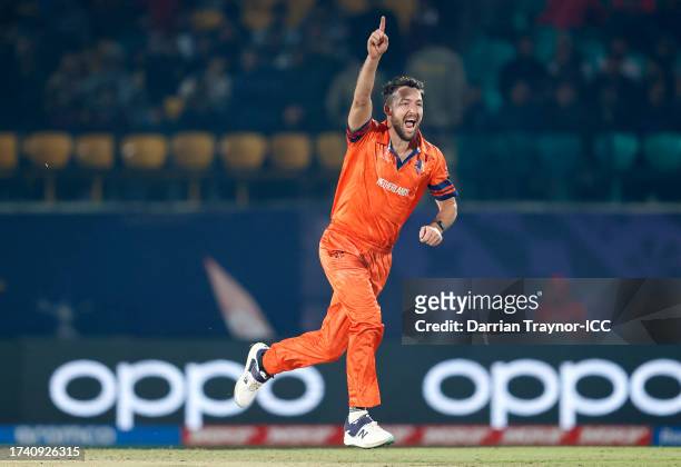 Paul van Meekeren of Netherlands celebrates the wicket of Aiden Markram of South Africa during the ICC Men's Cricket World Cup India 2023 between...