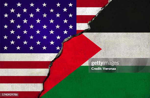 flagge der vereinigten staaten von amerika und palästina gemeinsam. konflikt zwischen den usa und palästina. - palästinensische flagge stock-grafiken, -clipart, -cartoons und -symbole