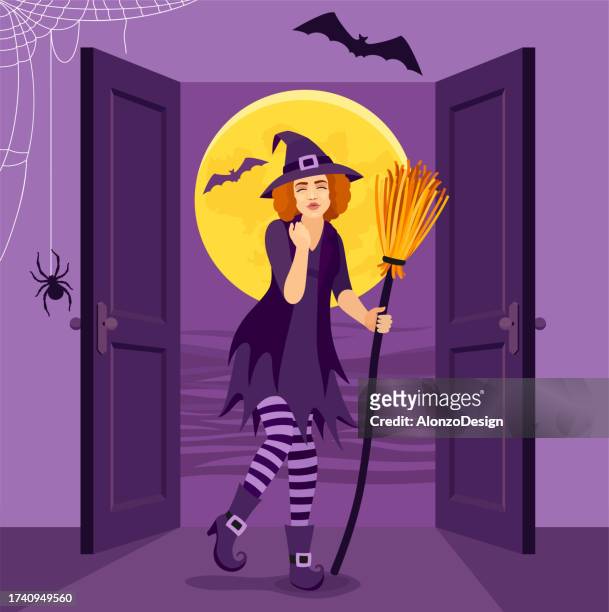 halloween concept. a young beautiful witch. halloween poster. - blowing a kiss stock illustrations