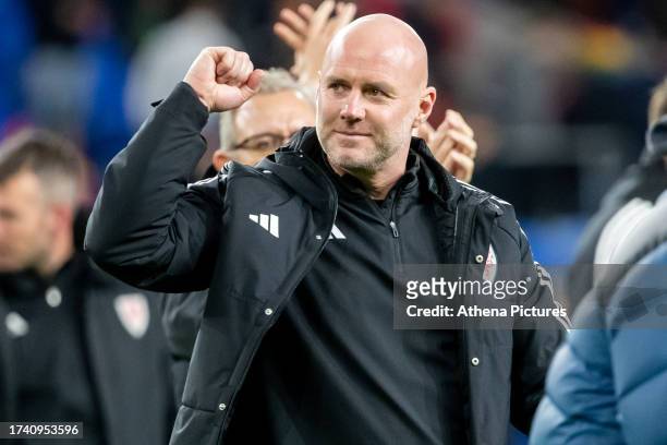 Rob Page Manager of Wales fist pumps after the final whistle during the Group D - UEFA EURO 2024 Qualifying Round match between Wales and Croatia at...