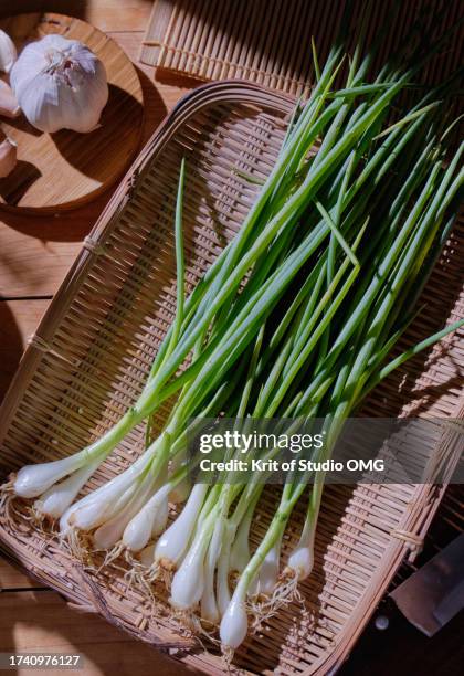 the green onion on the rustic table - bosui stockfoto's en -beelden