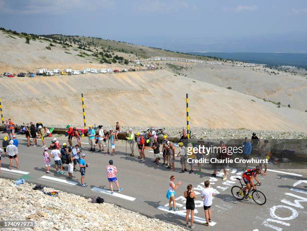General view of Mont Ventoux as BMC's Marcus Burghardt makes his way up the mountain during stage fifteen of the 2013 Tour de France, a 242.5KM road...