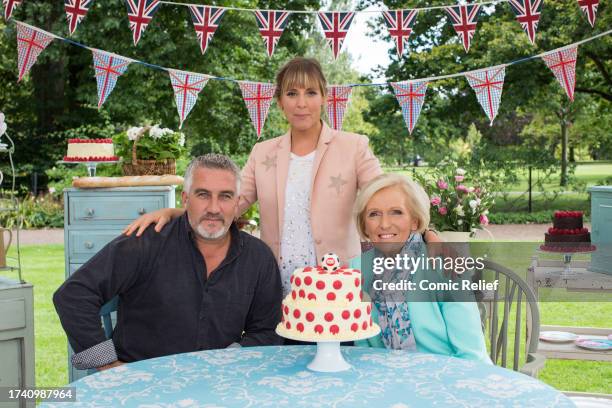 Great British Bake off judges, Mary Berry and Paul Hollywood seen with presenter Mel Giedroyc take part in a photoshoot as part of the 2016 Sport...