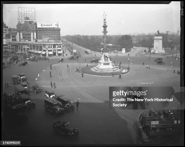 Columbus Circle, looking northeast from the southwest corner of Eighth Avenue, showing the entrance to Central Park and up Central Park West, New...