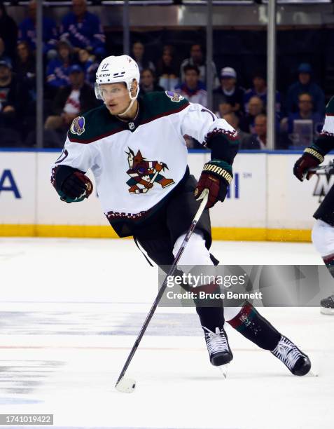 Nick Bjugstad of the Arizona Coyotes skates against the New York Rangers at Madison Square Garden on October 16, 2023 in New York City. The Rangers...