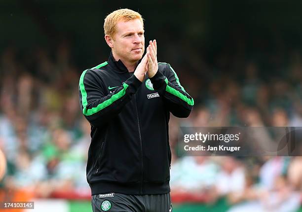 Manager of Celtic Neil Lennon looks on during a pre season friendly match between Brentford and Celtic at Griffin Park on July 20, 2013 in Brentford,...