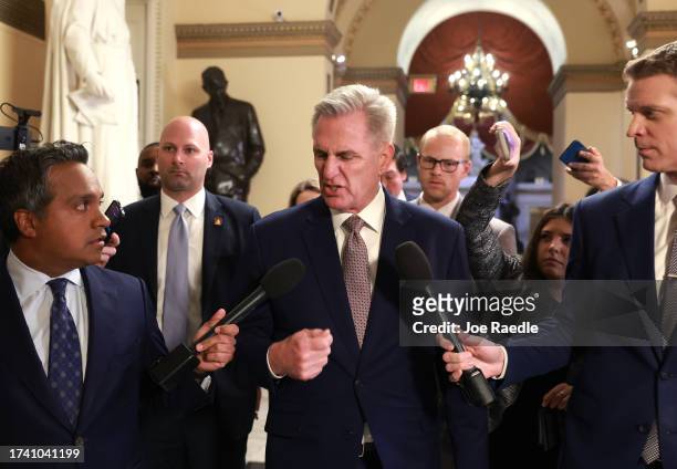 Former Speaker of the House U.S. Rep. Kevin McCarthy walks to the House chambers ahead of today's planned vote for Speaker of the House in the House...