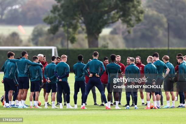 Arsenal's Spanish manager Mikel Arteta speaks to his players during team training session at Arsenal's training ground in north London on October 23...