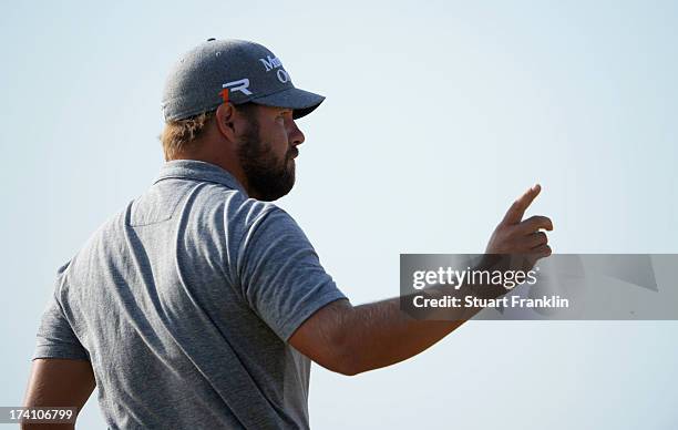 Ryan Moore of the United States reacts on the 16th during the third round of the 142nd Open Championship at Muirfield on July 20, 2013 in Gullane,...