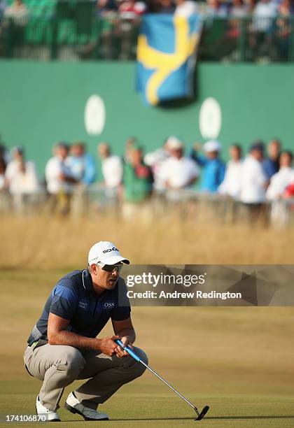 Henrik Stenson of Sweden lines up a putt on the 18th during the third round of the 142nd Open Championship at Muirfield on July 20, 2013 in Gullane,...