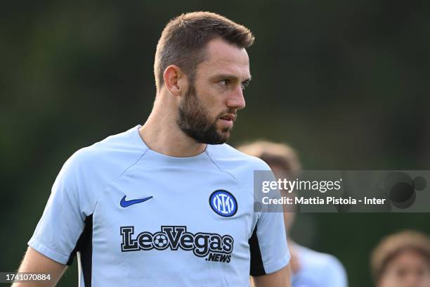 Stefan De Vrij of FC Internazionale looks on during the FC Internazionale training session at Suning Training Centre at Appiano Gentile on October...