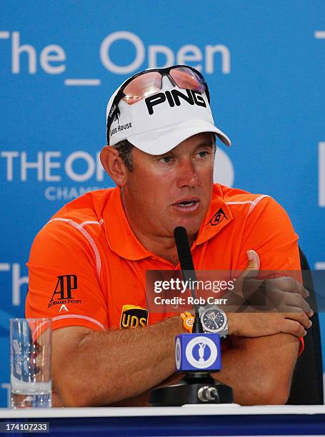 Lee Westwood of England speaks at a press conference during the third round of the 142nd Open Championship at Muirfield on July 20, 2013 in Gullane,...