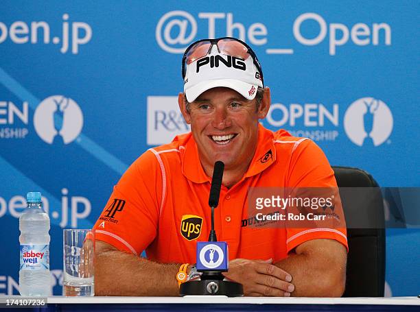 Lee Westwood of England speaks at a press conference during the third round of the 142nd Open Championship at Muirfield on July 20, 2013 in Gullane,...