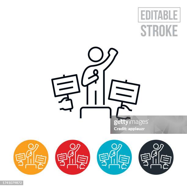 stockillustraties, clipart, cartoons en iconen met workers demonstrating at labor strike thin line icon - editable stroke - op de zeepkist gaan staan