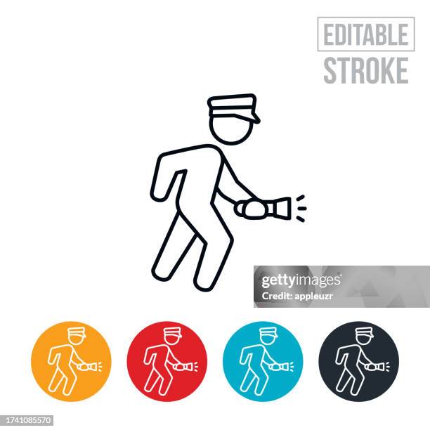 police officer searching using a flashlight thin line icon - editable stroke - security guard stock illustrations