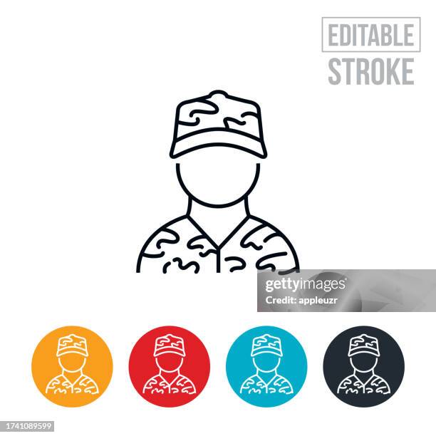 military soldier wearing a camouflage uniform thin line icon - editable stroke - special forces stock illustrations