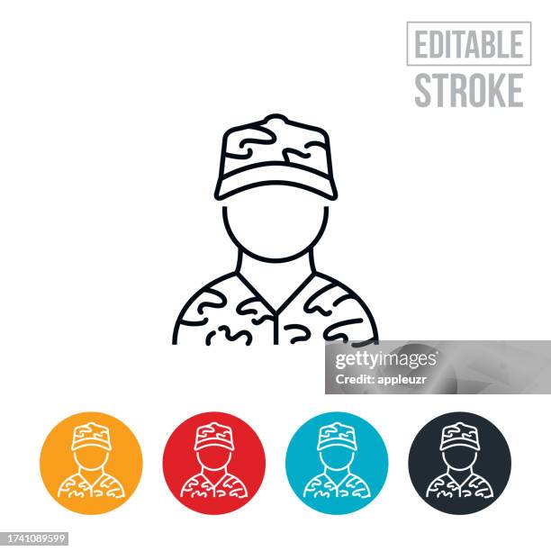 military soldier wearing a camouflage uniform thin line icon - editable stroke - infantry icon stock illustrations