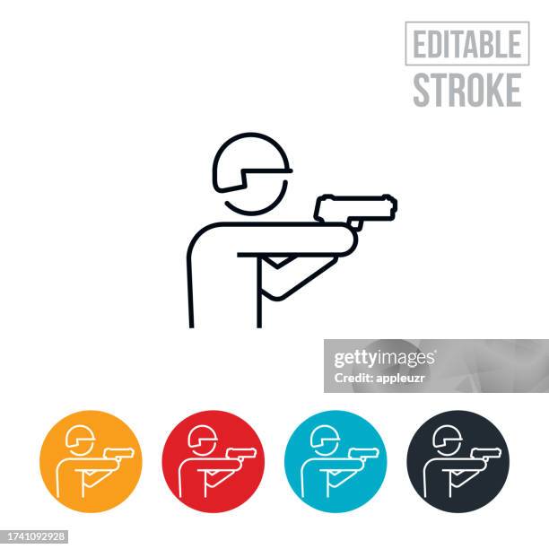 armed soldier aiming hand gun thin line icon - editable stroke - police hat side stock illustrations