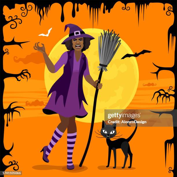 halloween angry witch with black cat and full moon. - cat chewing stock illustrations